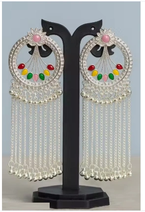 Multicolor Stonework Oxidised Silver-Plated Chandbali Earrings with Chain Tassels..